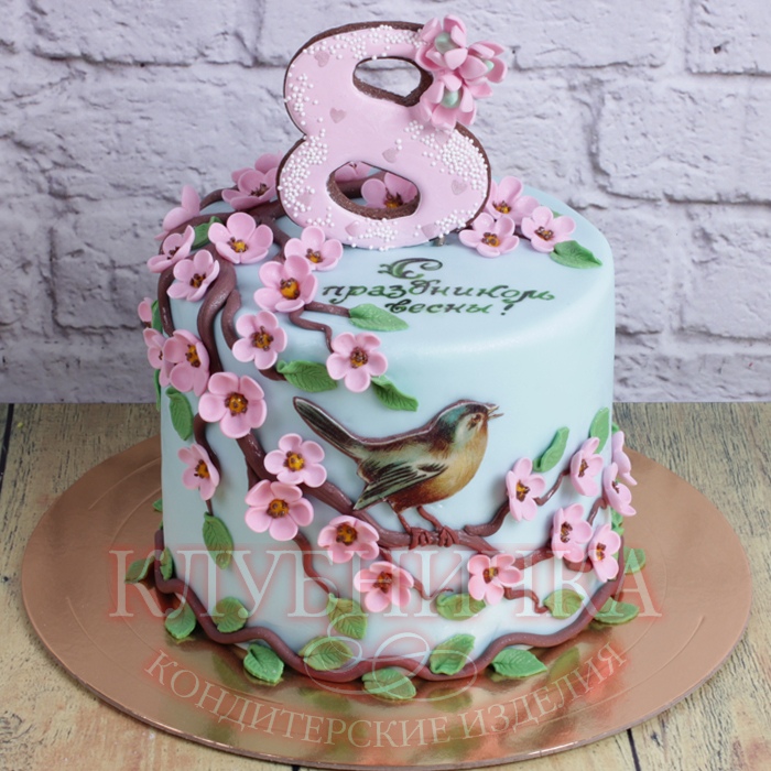 Торт на заказ "Весенний с птичкой" 1600 руб/кг + 500 руб пряник